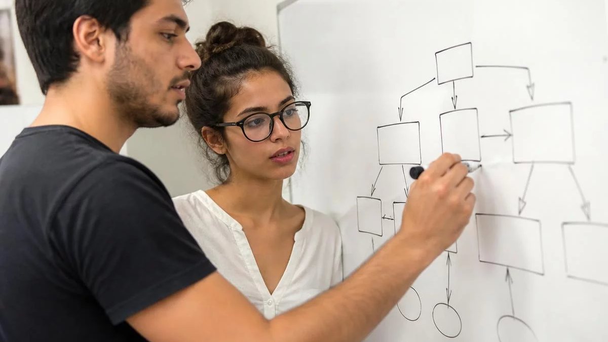 Duas participantes de pé diante do quadro branco, montando um argumento a caneta